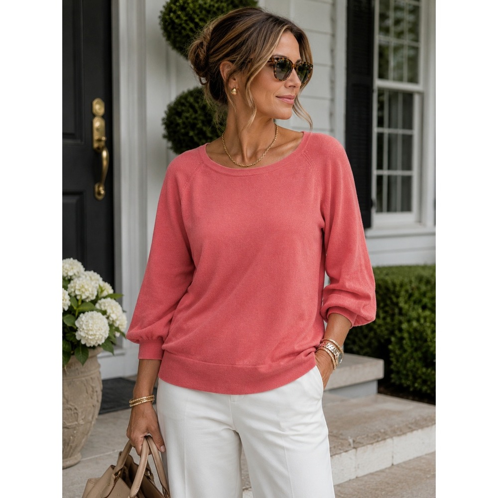 Boden Coral Pink Cashmere Angora Blend Scoop Neck‎ 3/4 Puff Sleeve Sweater US 10